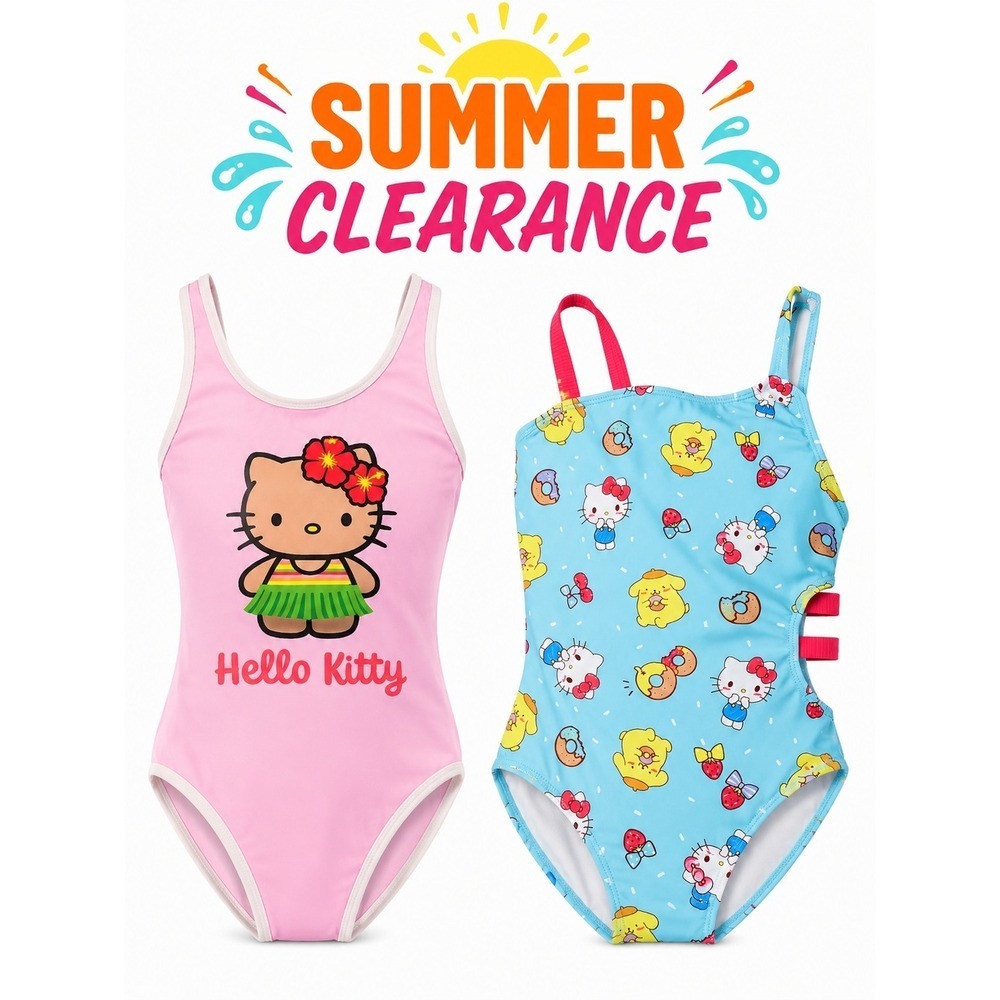 TWO Hello Kitty Girls One Piece Swimsuits Pink & Blue Sanrio NWT Set Size 4/5